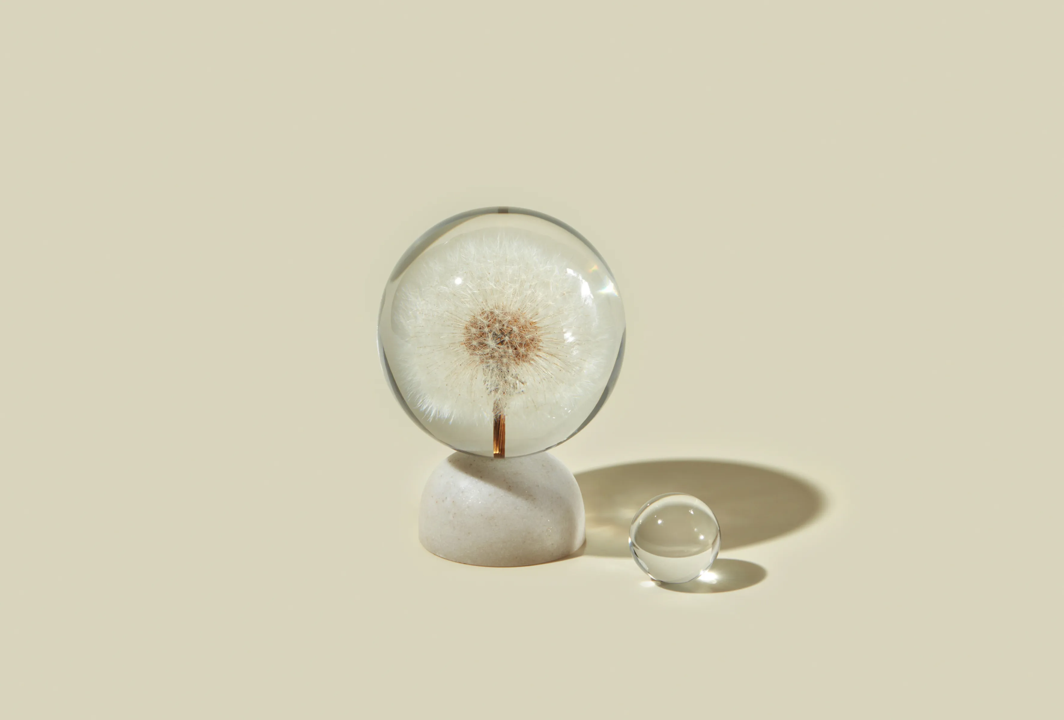 Dandelion seed encased in a glass sphere on a stone with a small orb beside it.